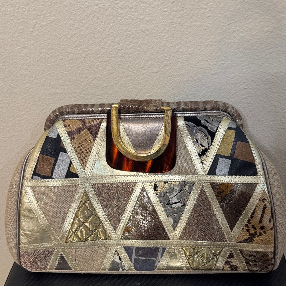 Elegant Geometric Clutch with Gold and Brown Accents